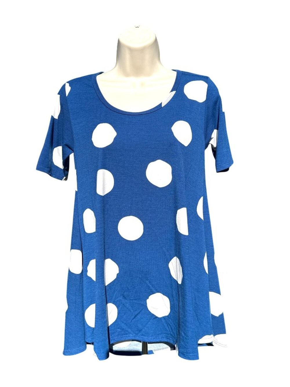 LuLaRoe XXS Blue White Perfect T Polka Dot Swing Tunic Boho Stretch Casual Top
